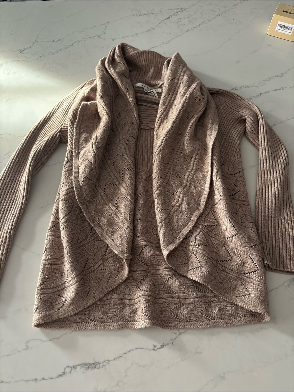 Max Studio Taupe Open-Front Cable Knit Cardigan - Picture 2 of 5